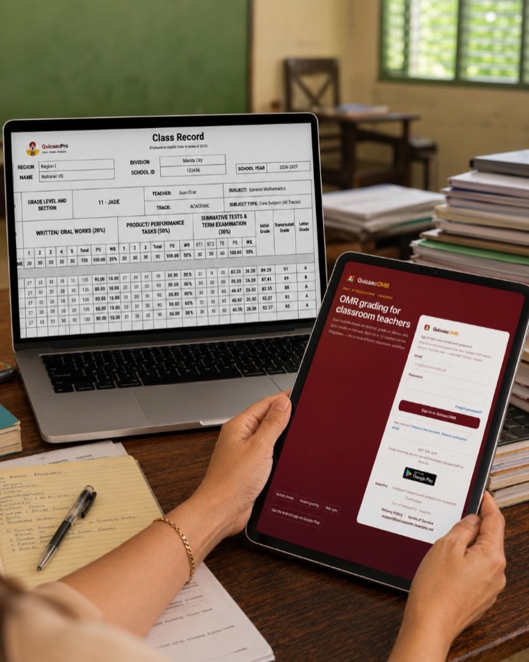 QuizaacPro Unified LMS Platform — class record on laptop with QuizaacOMR sign-in on tablet
